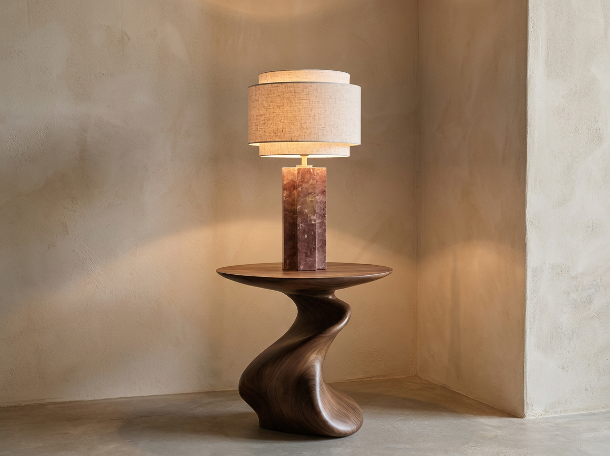 Lampe en marbre rouge et abat-jour en lin sur une table sculptée